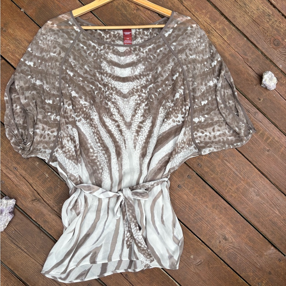Olsen Europe Tan and White Tiger print tunic, flowy Tie Front Blouse, boho vibe